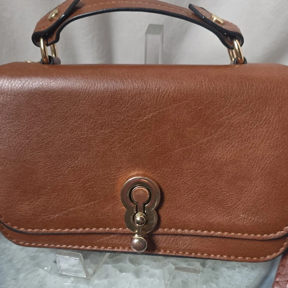 Crossbody Brown Gold Hardware Top Handle Satchel with Detachable Strap & Clasp